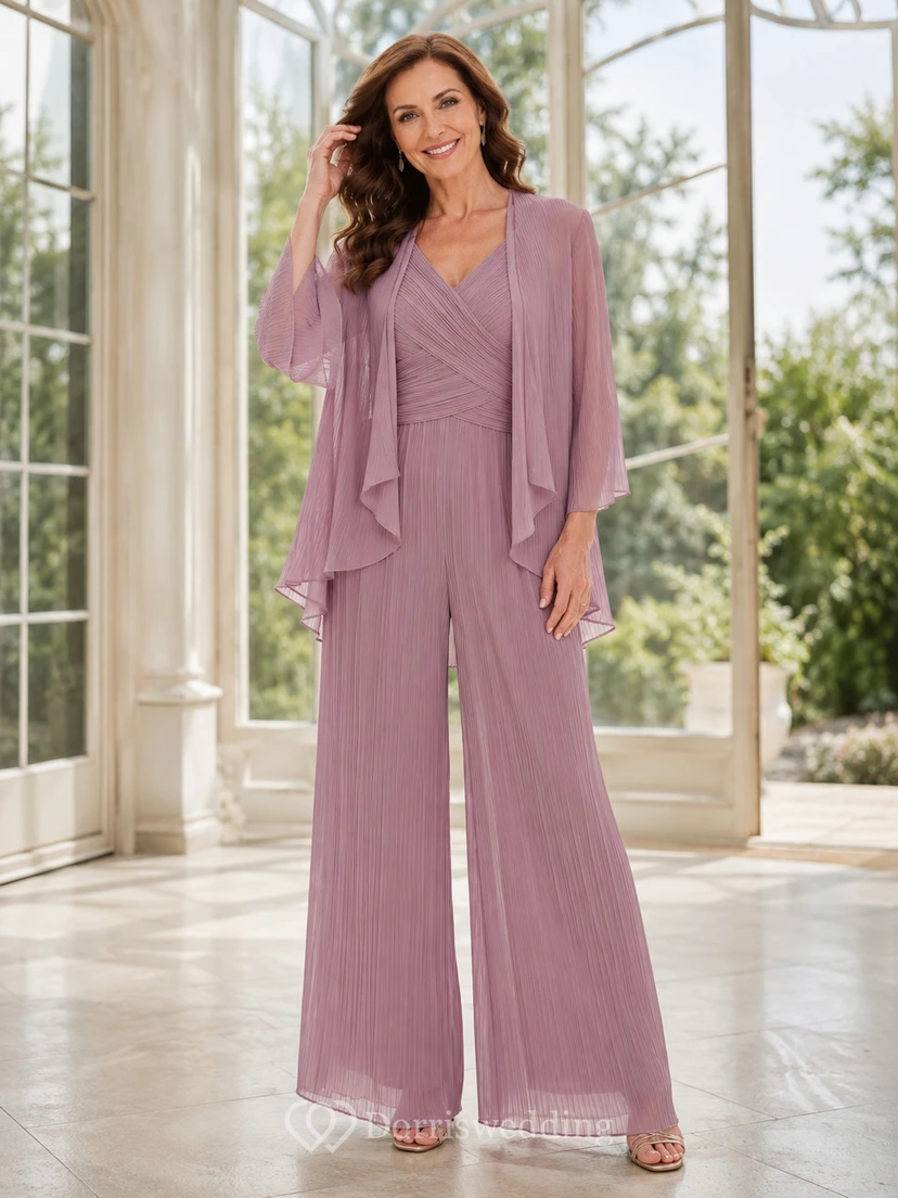 Mother Vintage Mauve Chiffon Pantsuit with V-Neck Pleated Overlay and Wide Leg Pants