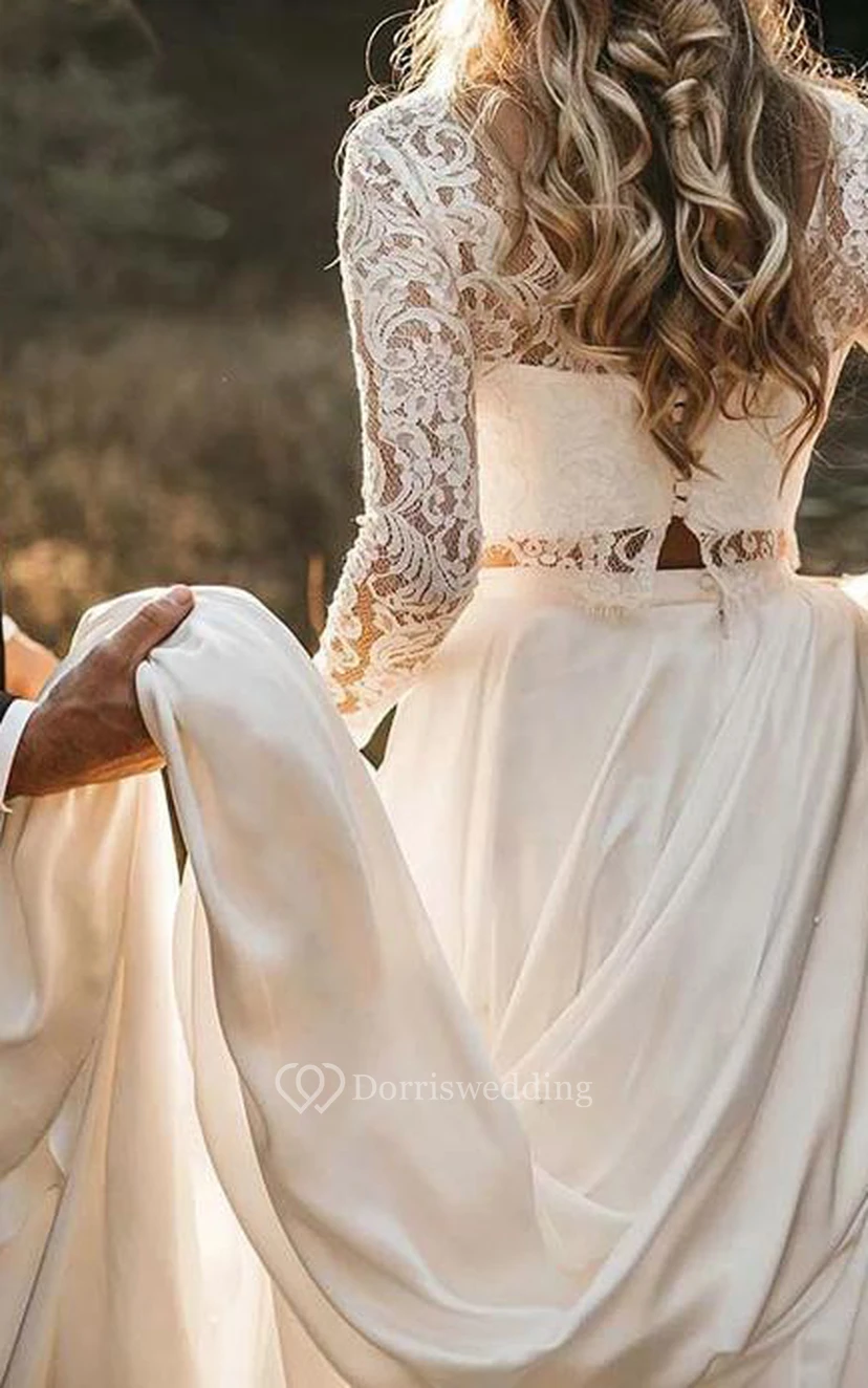 Zweiteiliges Vintage-Brautkleid mit langen Ärmeln, bodenlang, aus Satin und Spitze, mit Kapellenschleppe und langen Ärmeln view 2