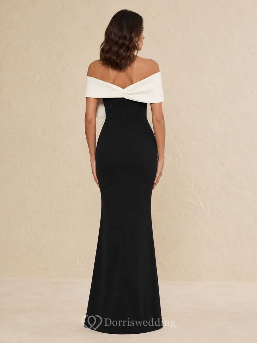 Elegante vestido de noche formal largo hasta el suelo, negro y blanco, con escote Bardot y corte recto. view 2