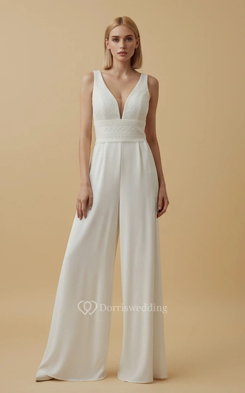 Ärmelloser Jumpsuit aus Spitze mit tiefem V-Ausschnitt für die Hochzeit