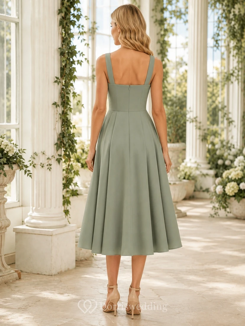 Celadon Square Neck Satin Pleated Tea-length Modern Garden Guest Dress view 2