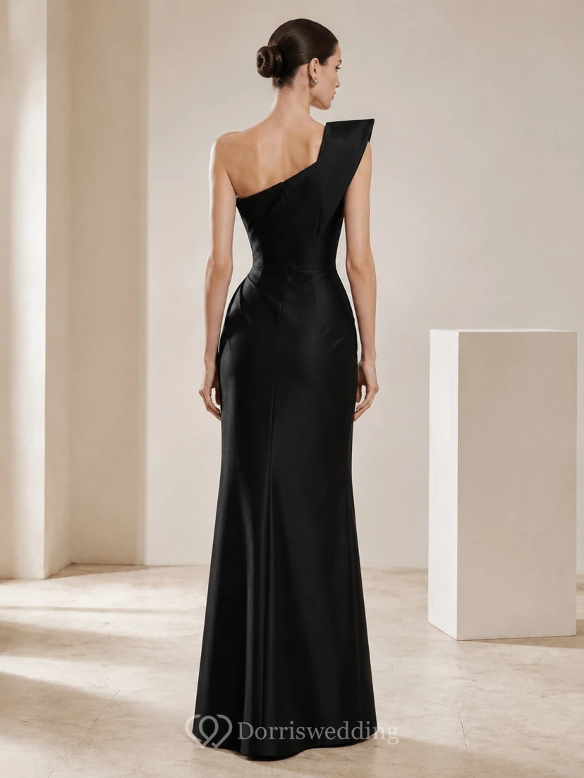 Black One Shoulder Sculptural Mermaid Floor Length Evening Gown view 2