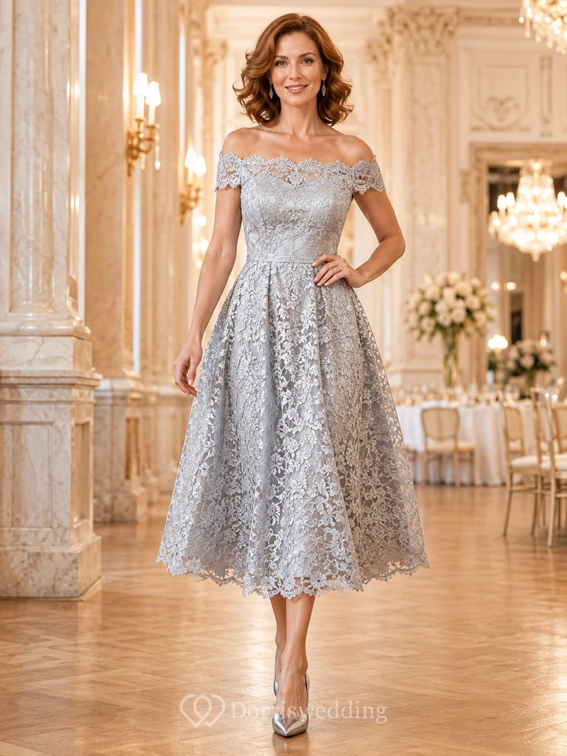 Silver lace off shoulder A-line club banquet midi dress
