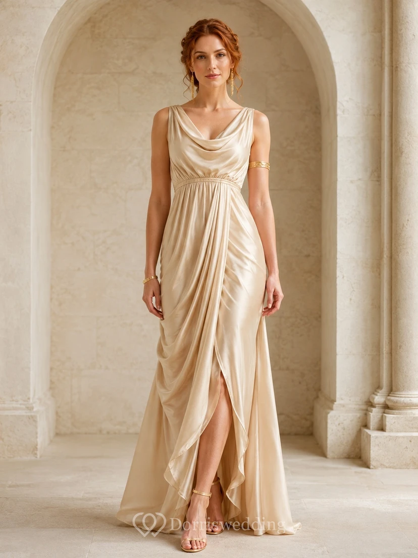 Champagne Cowl Neck Jersey Sheath Floor-Length Split Grecian Evening Dress
