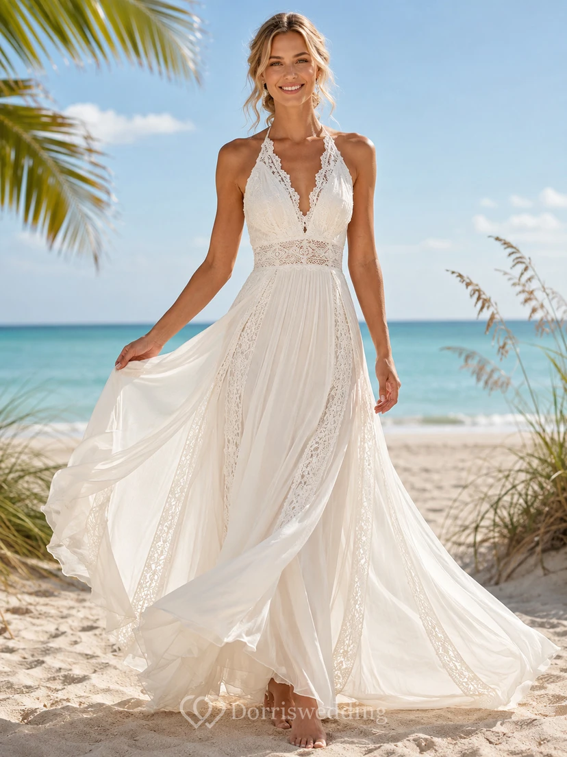 Bohemian Halter Lace Chiffon Wedding A Line Sleeveless Chapel Train Beach