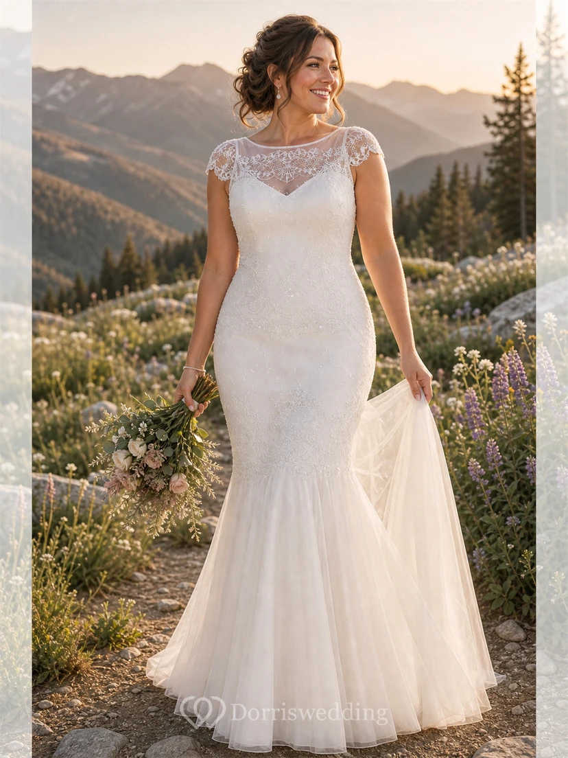 Vestido de novia maxi de encaje con escote redondo y mangas cortas con efecto ilusión. view 10