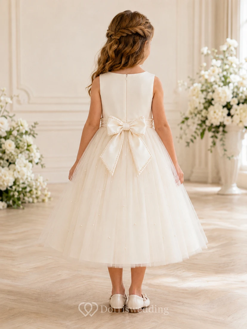 Klassisches A-Linien-Kleid aus Tüll für Blumenmädchen mit Rundhalsausschnitt, wadenlangem Rock und Schleifendetail view 2
