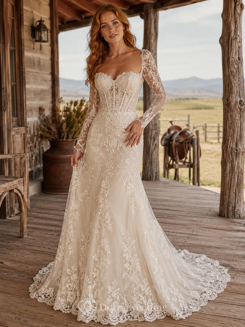 Vestido de novia de tul y encaje campestre, estilo sirena, con escote en V, manga larga, cola de corte y espalda baja en V.
