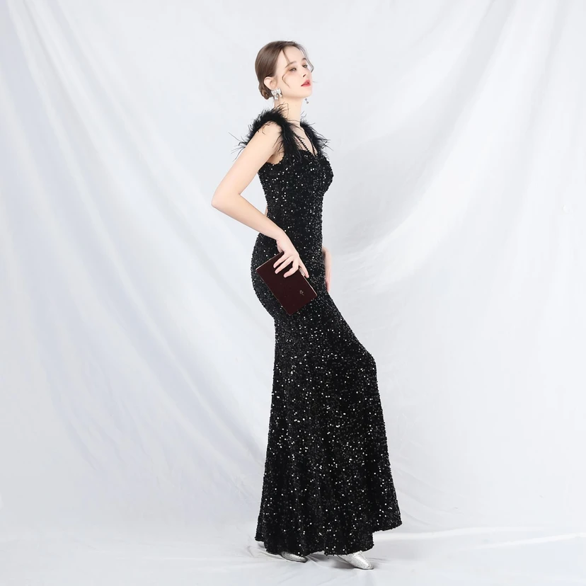 Craft Beaded Ostrich Feather Plush Sequined Long Evening Dress view 59