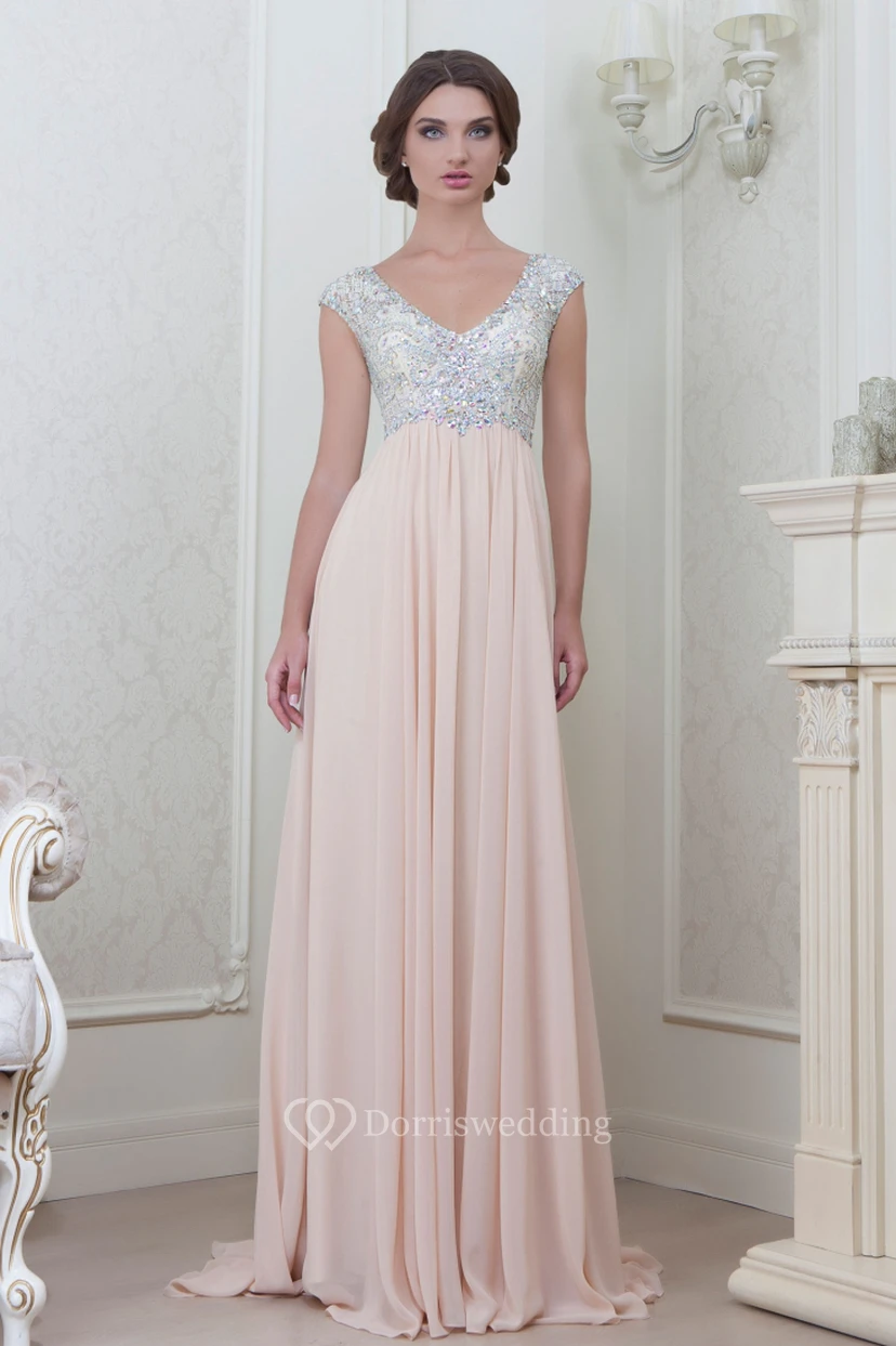 A-Line Cap-Sleeve Empire V-Neck Floor-Length Beaded Chiffon Evening Dress With Pleats