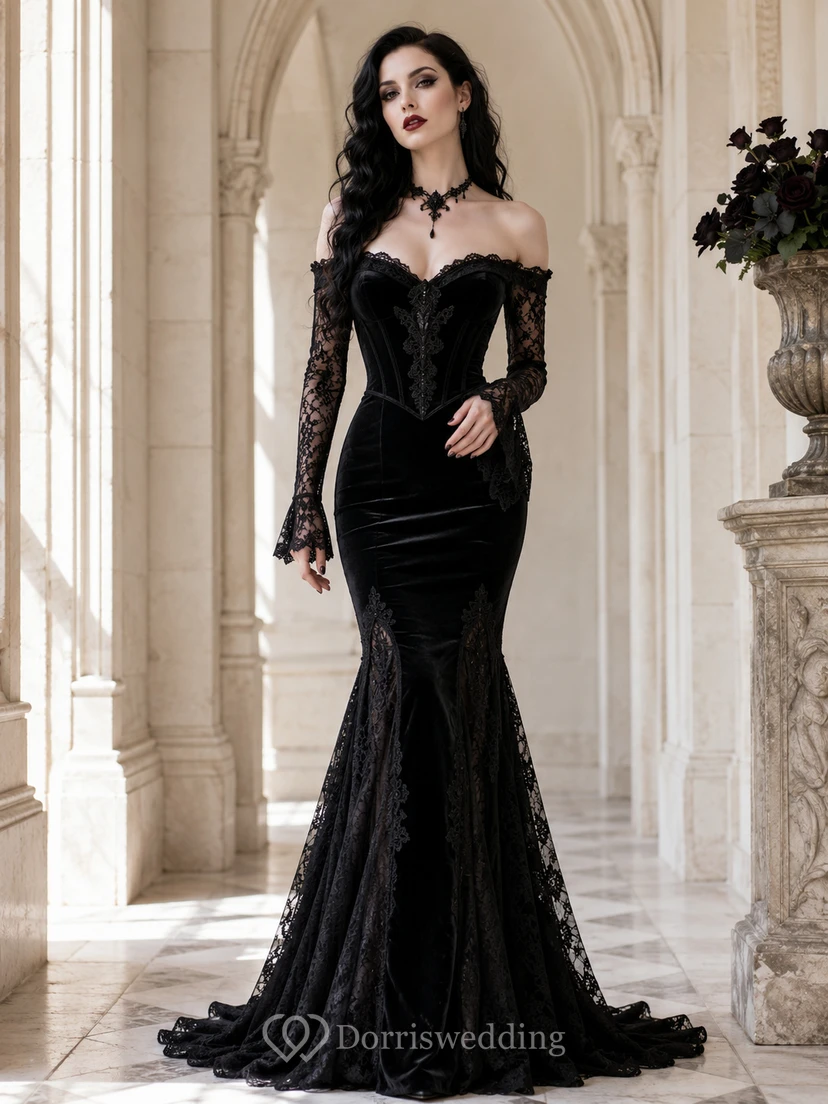 Black Gothic Off-Shoulder Long-Sleeve Velvet Lace Mermaid Chapel Gown Luxury