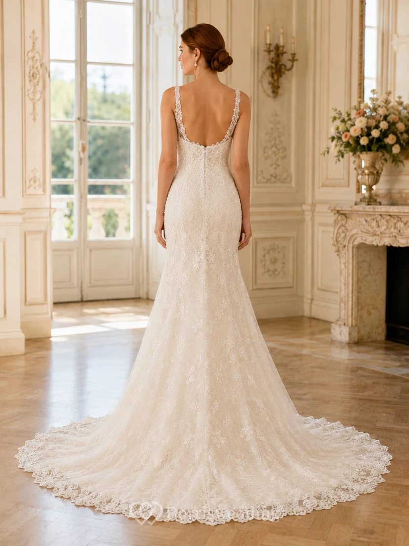 Robe de mariée modeste en dentelle et tulle, coupe sirène, col rond, manches longues et traîne courte. view 2