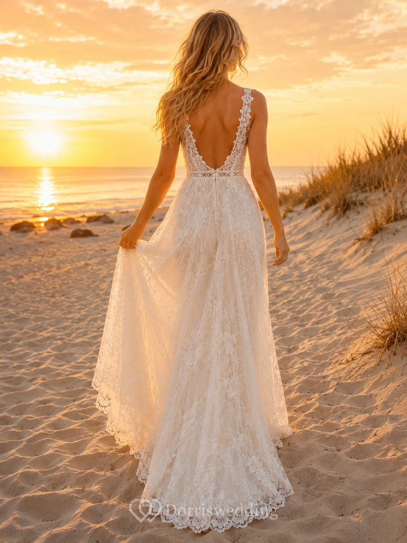 Open Back Bohemian Lace Beach Sunset Bridal Gown view 2