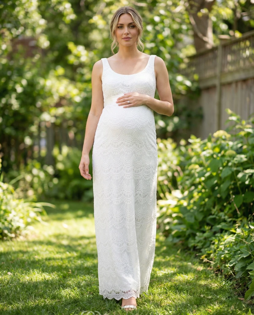 Vestido de novia premamá blanco de encaje con escote redondo y tirantes anchos.