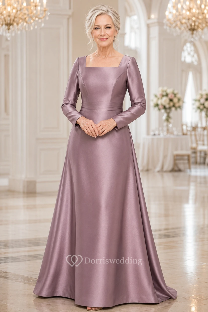 Mauvefarbenes A-Linien-Kleid aus Satin mit langen Ärmeln
