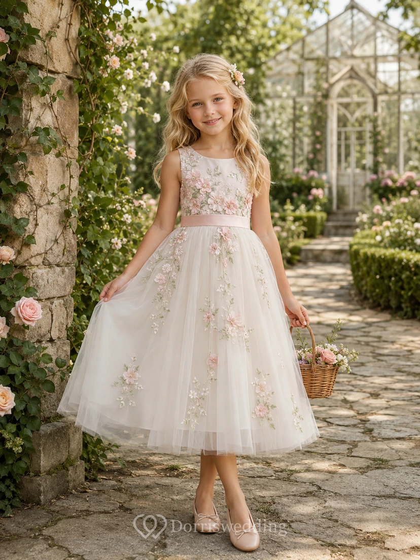 Vestido blanco romántico de tul con corte en A para niña, sin mangas, escote cuadrado, largo hasta la rodilla, apliques de jardín.