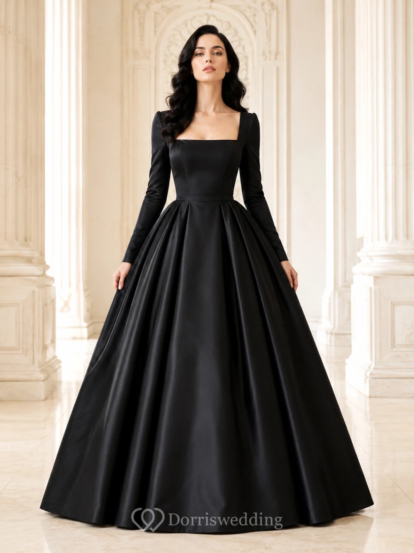 Vestido de fiesta de lujo de satén negro de manga larga con escote cuadrado, estilo Dinastía Noir, largo hasta el suelo.