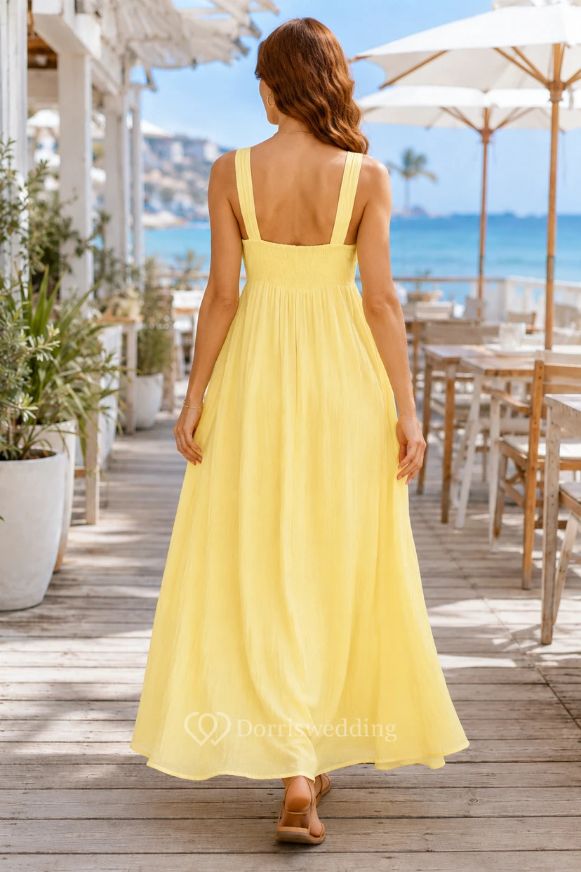 Hochzeitsgastkleid aus narzissengelbem Chiffon, A-Linie, eckiger Ausschnitt, ärmellos, knöchellang view 2