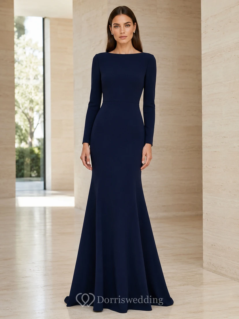 Dark Navy Long Sleeve Crepe Fit And Flare Formal Dress