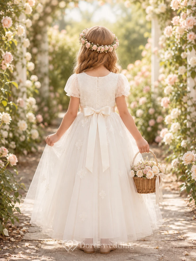 Tüll-Blumenmädchenkleid mit Puffärmeln view 2