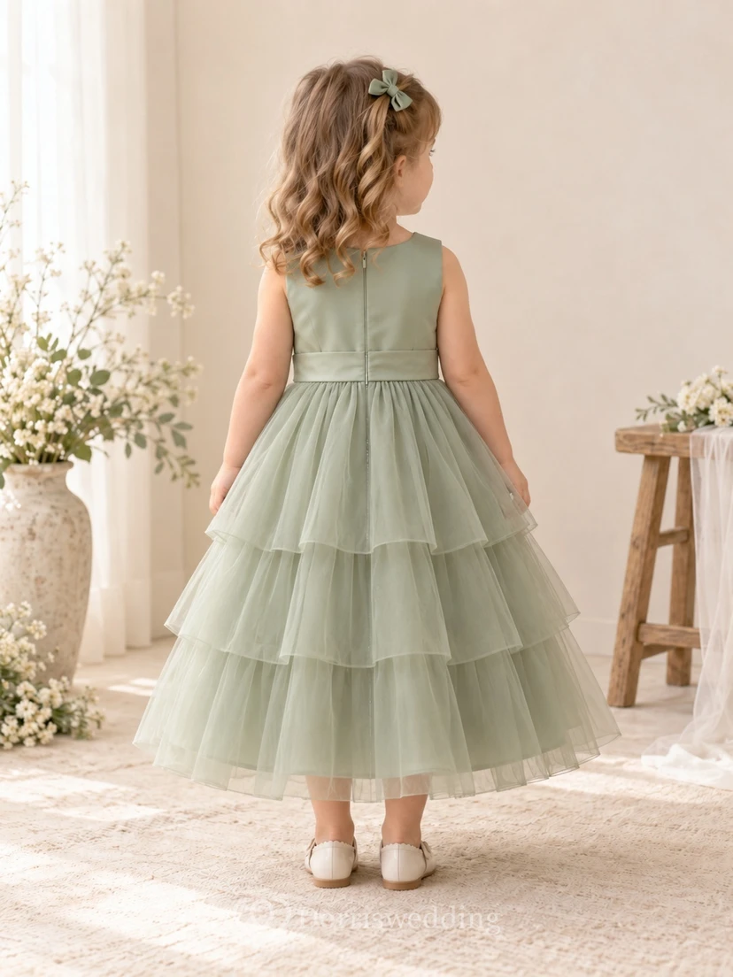 Teelanges, schlichtes, salbeifarbenes Sommerkleid in A-Linie aus Tüll, ärmellos, mit Schleife in der Taille, Blumenmädchenkleid view 2