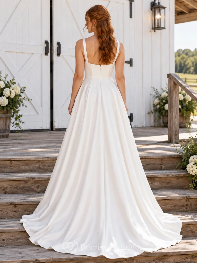 Country Simple Square Neck Satin Sleeveless A-line Train Wedding Dress view 2