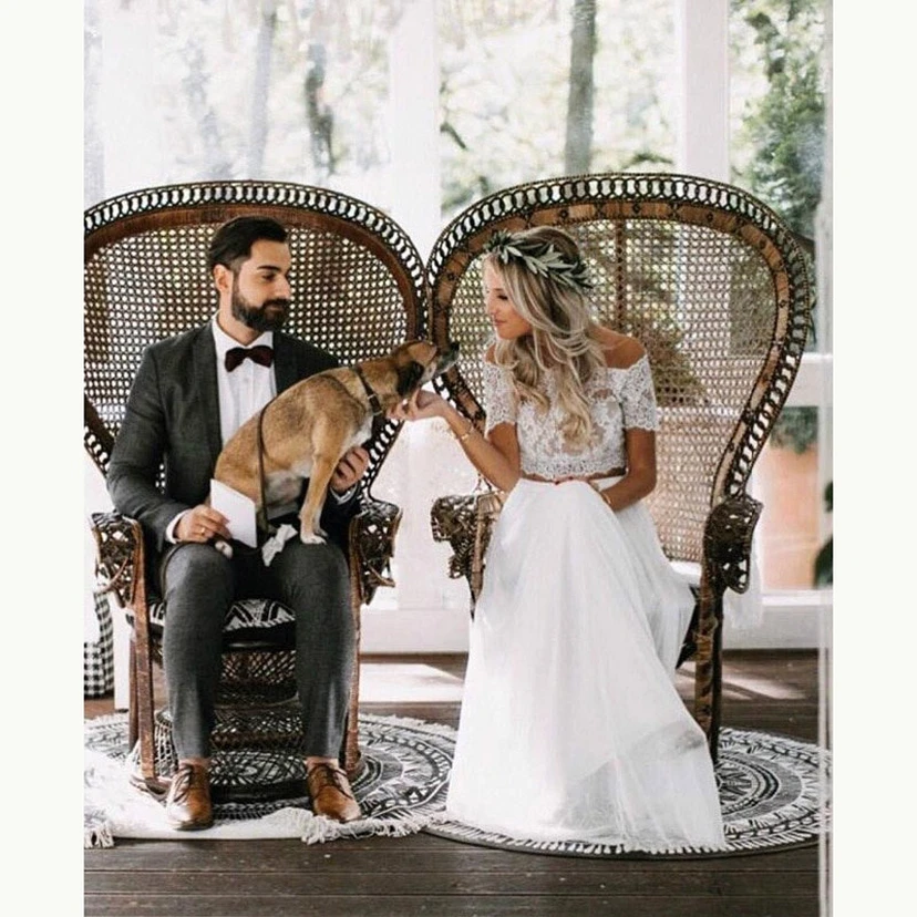 Two Piece Casual Off-the-shoulder Chiffon Wedding Dress with Lace Top view 3
