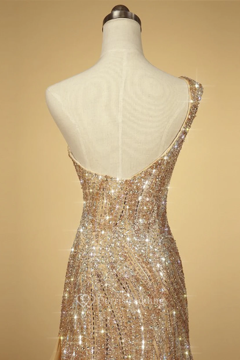 One Shoulder Beaded Open Back Luxury Tulle Mermaid Dress With Appliques view 5