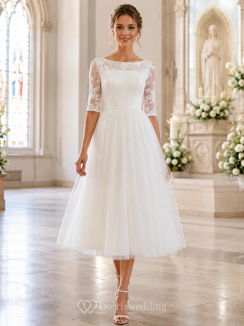 Lace Illusion Sleeve Modest Tulle Communion Girl Dress