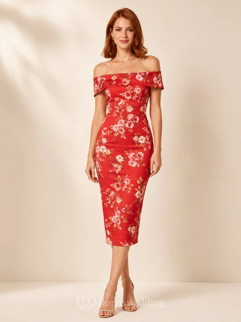 Red Floral Off Shoulder Sheath Cocktail Midi Dress