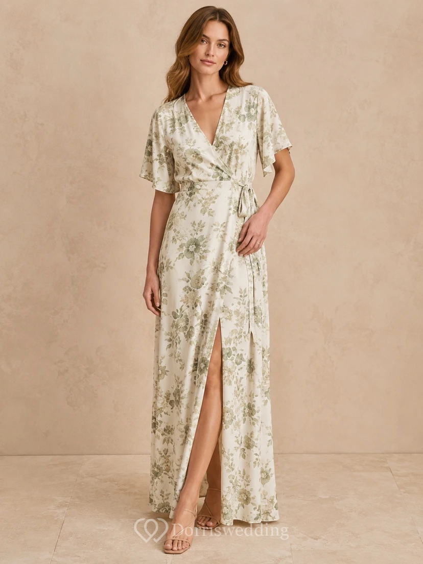 Floral Chiffon Wrap V-neck Short Sleeve A-Line Ankle-length Boho Dress
