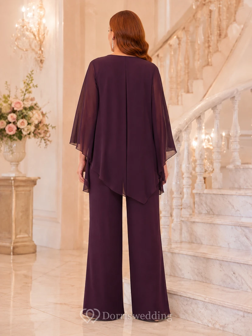 Plum Mother Pantsuit with Cowl Neck Top, Chiffon Cape Jacket and Wide Leg Pants view 2