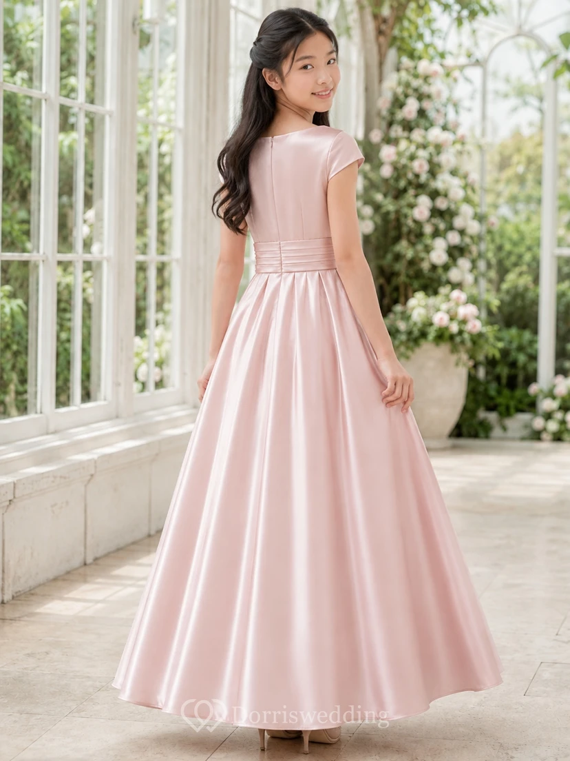Elegantes, rosafarbenes, kurzärmeliges, bodenlanges A-Linien-Brautjungfernkleid aus Satin mit V-Ausschnitt und V-Ausschnitt view 2