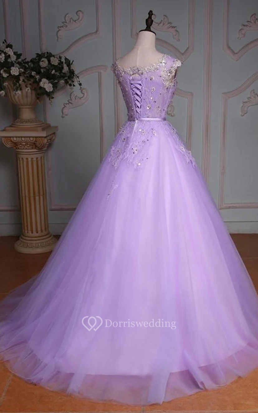 Ball Gown Floor-Length V-Neck Bell Cap Beading Flower Corset Back Tulle Lace Sequins Dress view 12