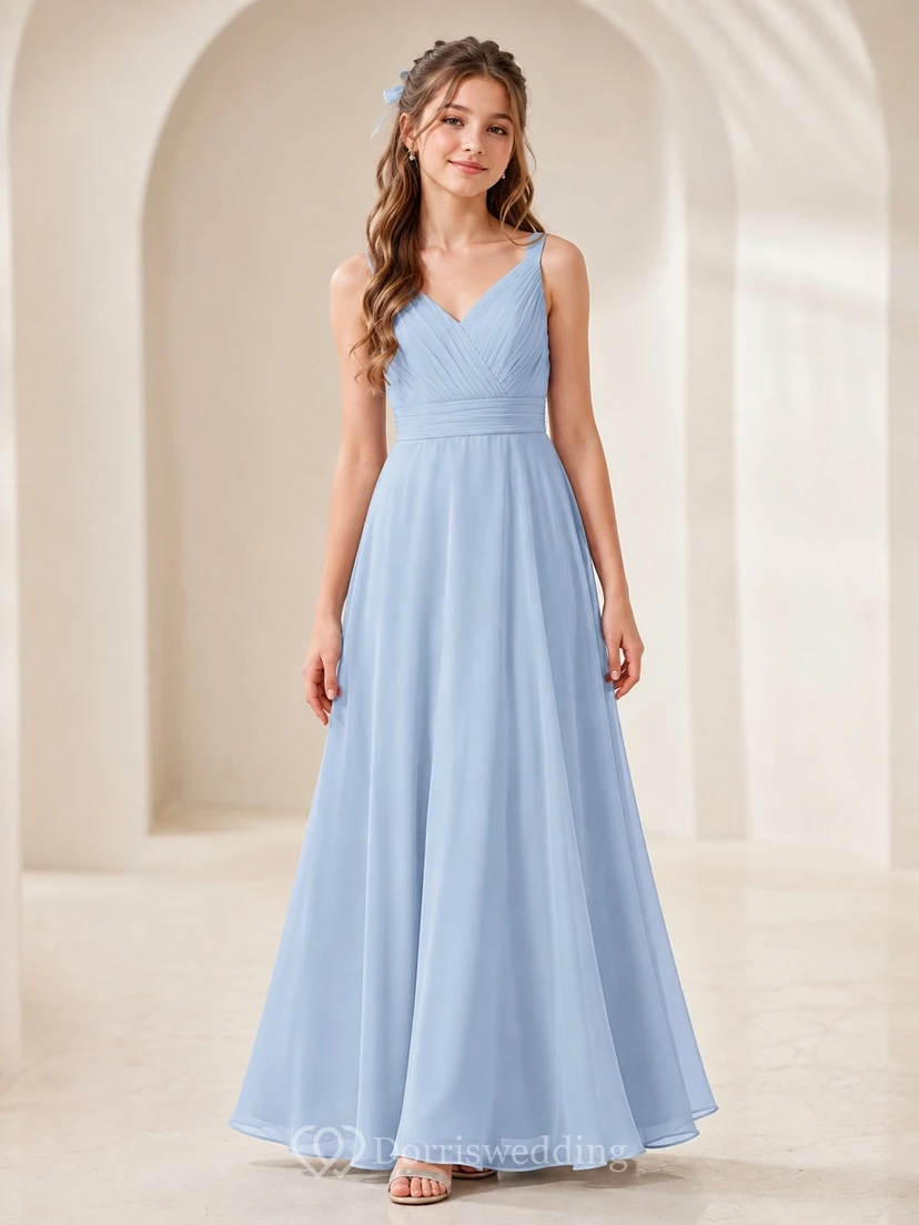 Brautjungfernkleid „Mist Junior“ – A-Linie, bodenlang, V-Ausschnitt, ärmellos, plissiertes Oberteil, romantisch
