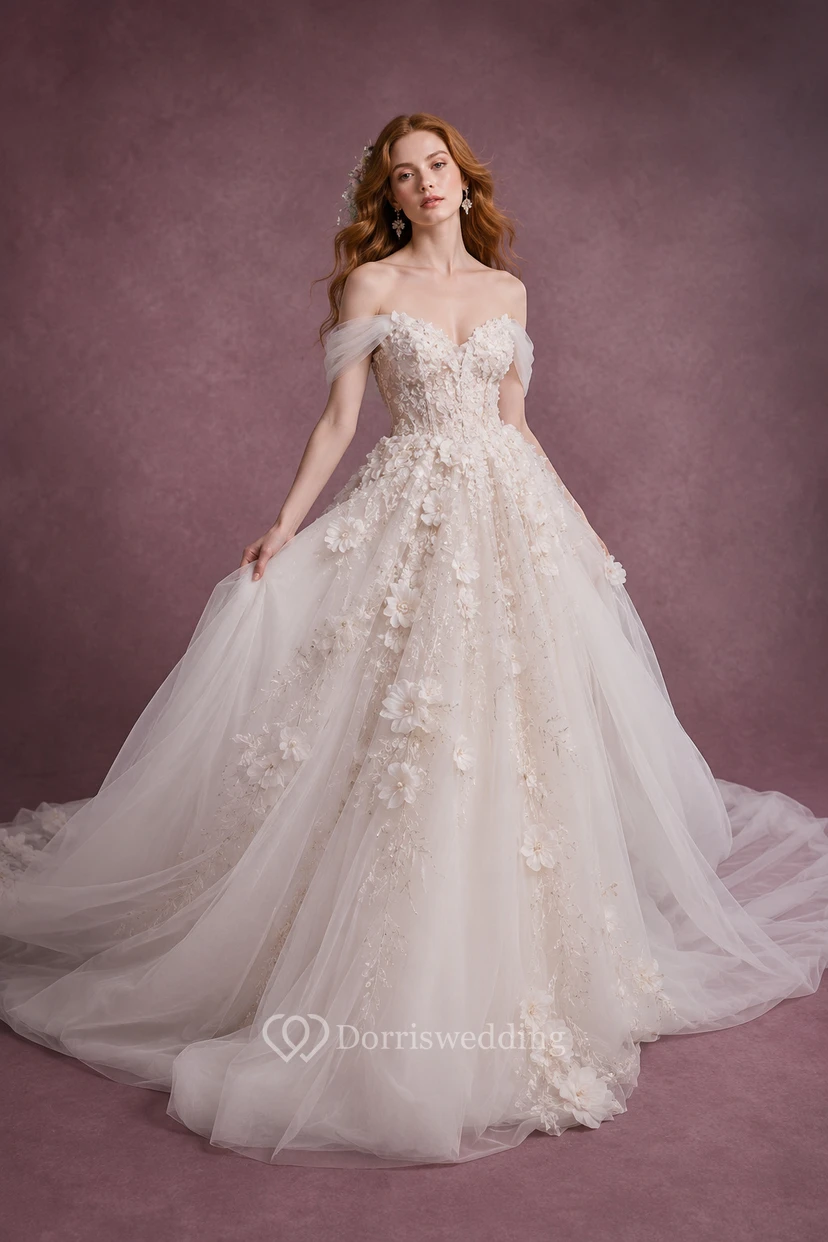 Robe de mariée de bal en dentelle à épaules dénudées avec traîne ornée d'appliqués