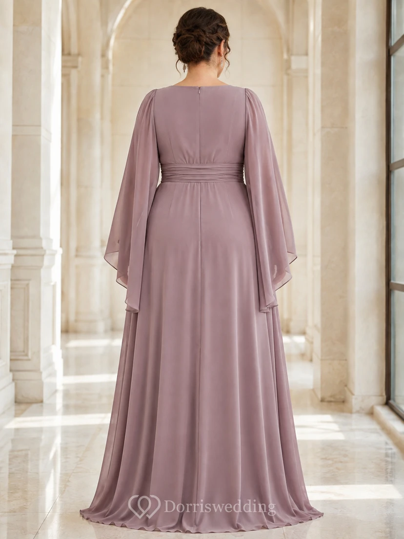 Vestido largo de gasa fruncida con escote en V, mangas acampanadas y corte en A, color malva maduro. view 2