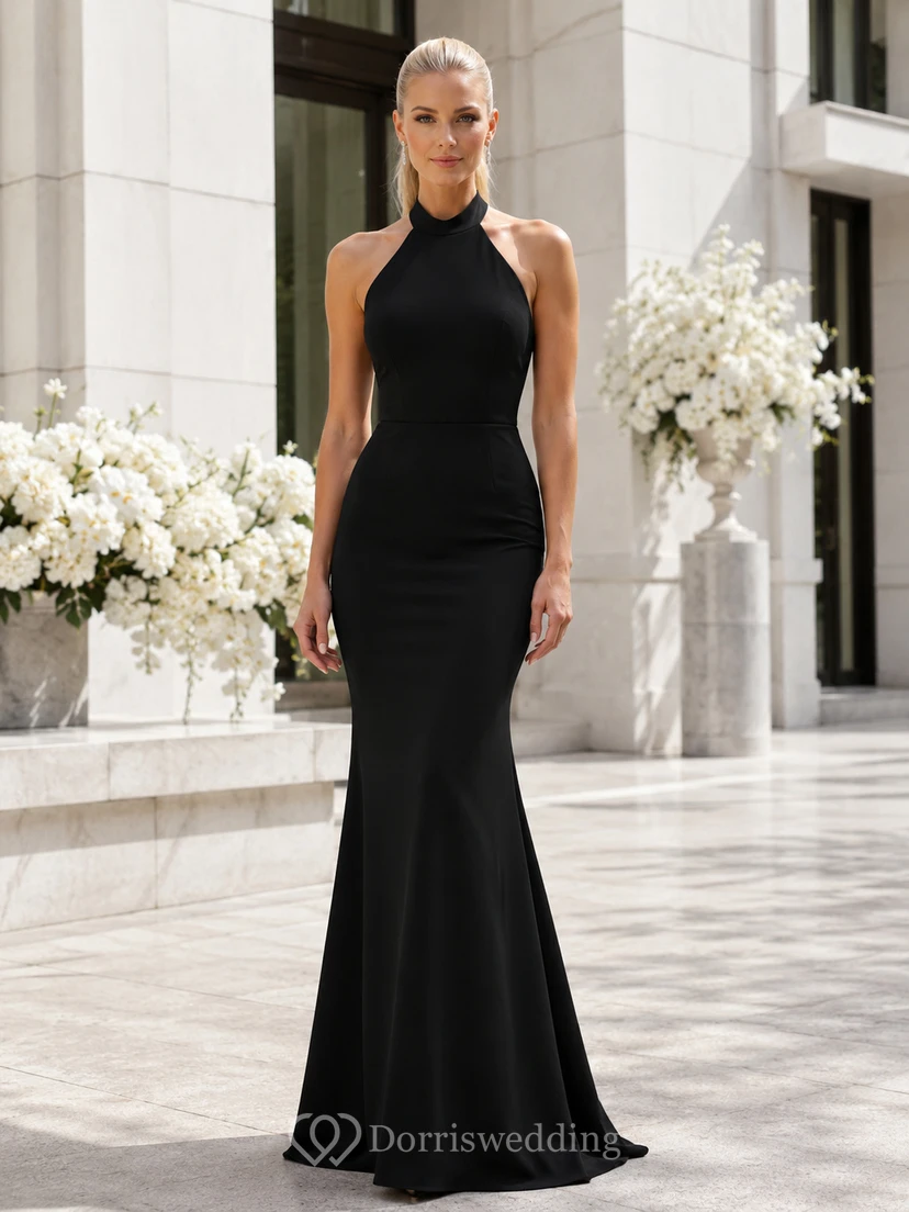 Robe de demoiselle d'honneur noire, dos nu, col montant, coupe sirène, longueur au sol
