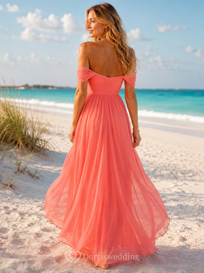 Korallenfarbenes, schulterfreies Chiffon-Kleid mit kurzen Ärmeln und Falten für Brautjungfern am Strand view 2