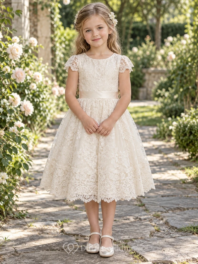 Tea-length Cream Cap Sleeve Scoop Floral Scalloped Lace Bow Sashed A-Line Flowergirl Dress