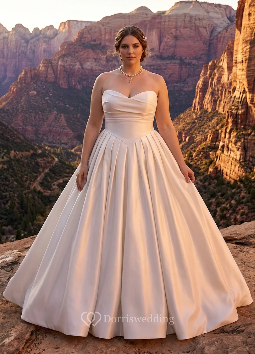 Plus Size Strapless Satin Ball Gown Wedding Dress with Pleated Skirt