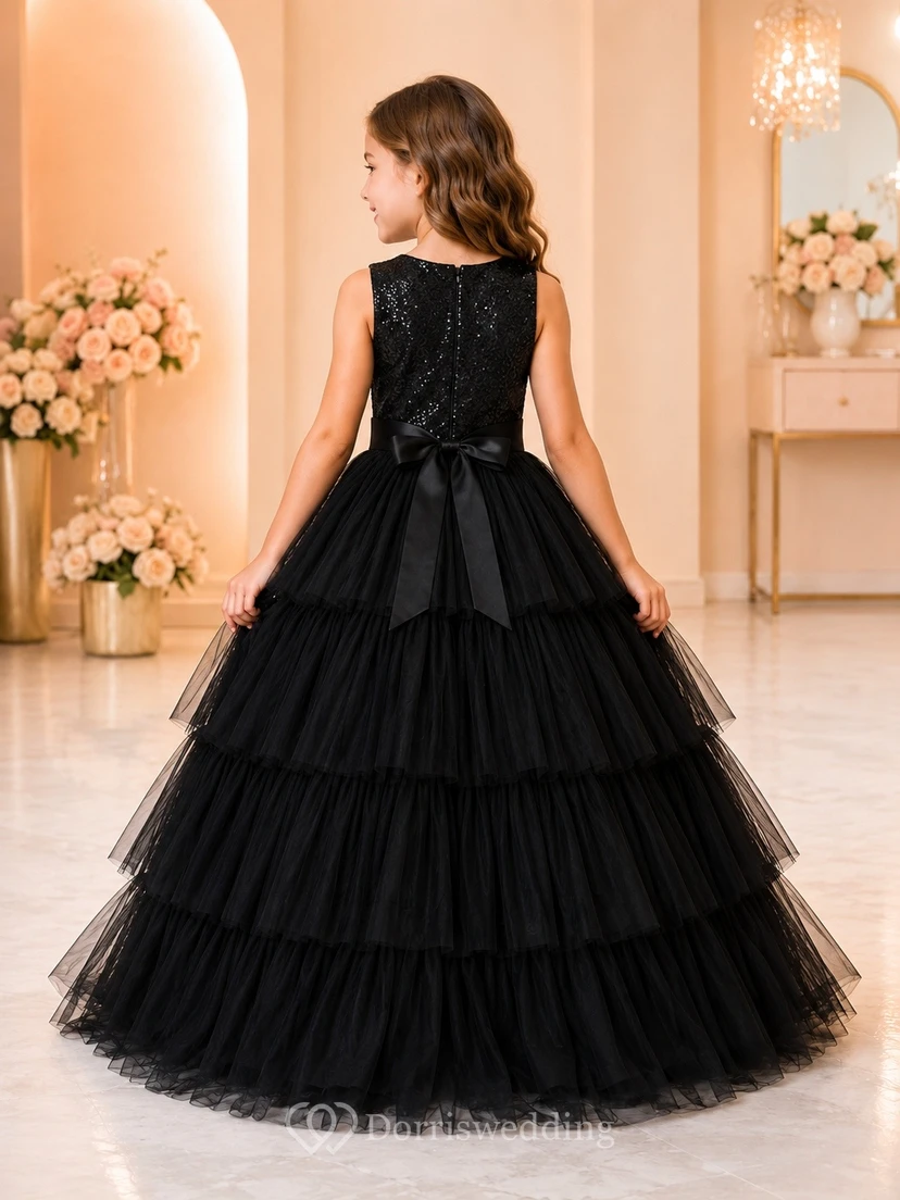 Black Sequined Sleeveless Tiered Tulle Ball Gown Flowergirl Dress view 2