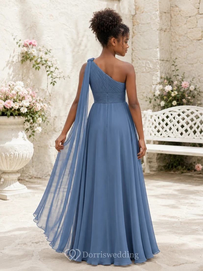 Stahlblaues Brautjungfernkleid für junge Damen, A-Linie, bodenlang, mit One-Shoulder-Ausschnitt, ärmellos, Schulterdrapierung, romantisch view 2