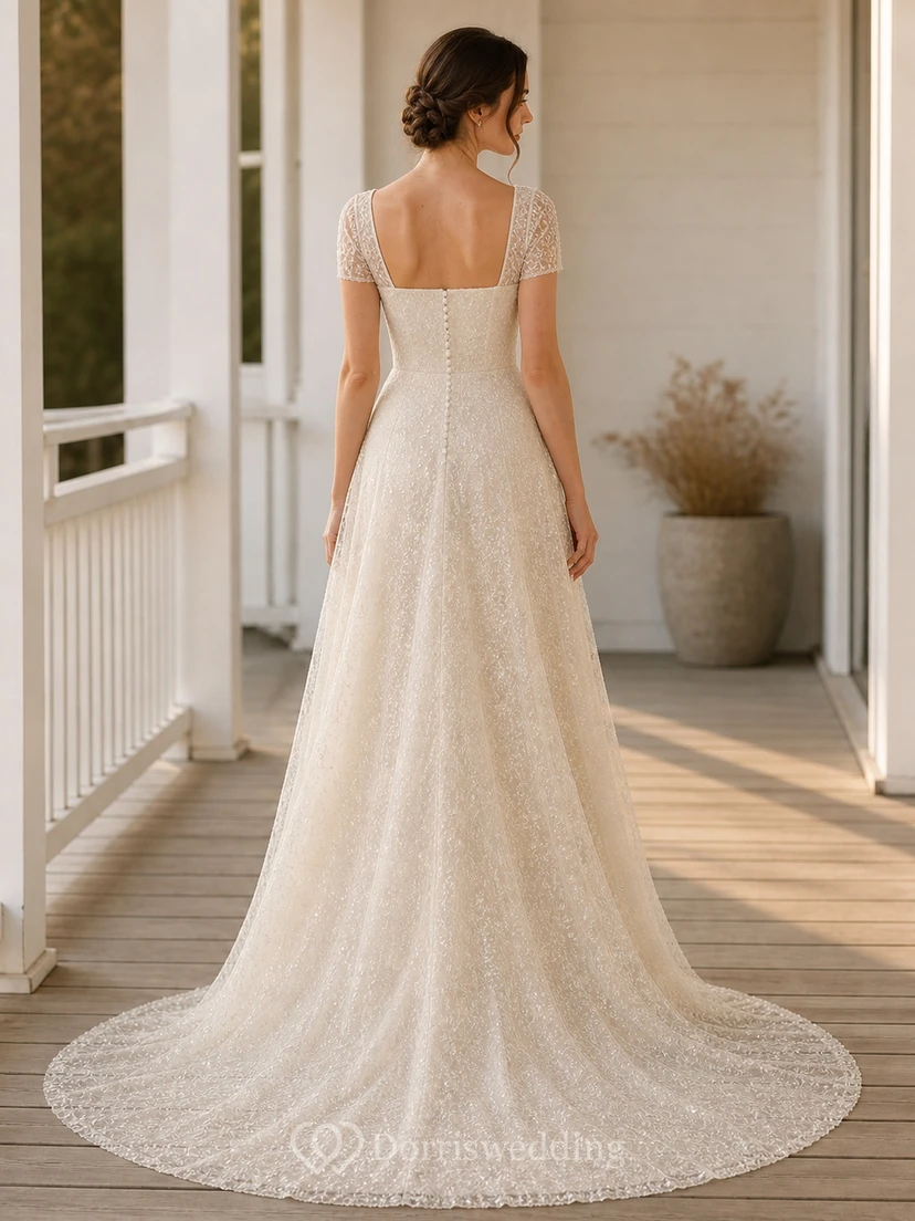 Vestido de novia sencillo, transparente, de corte A, escote cuadrado y manga corta hasta el suelo view 2