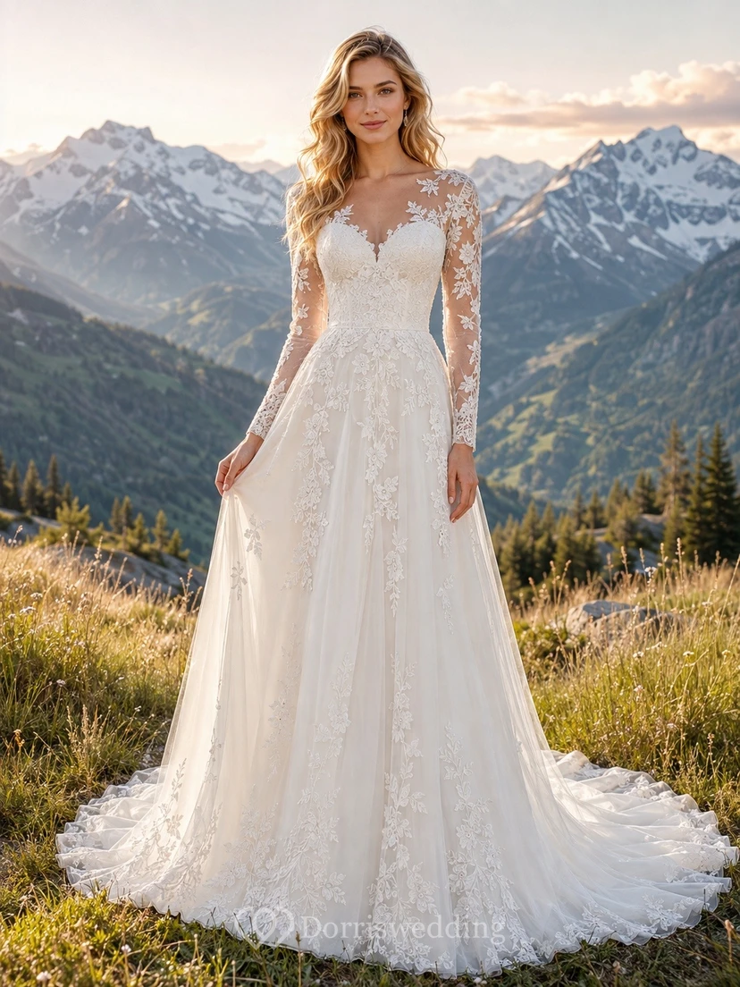 Vestido de novia formal modesto de manga larga con escote cuadrado y corte en A.