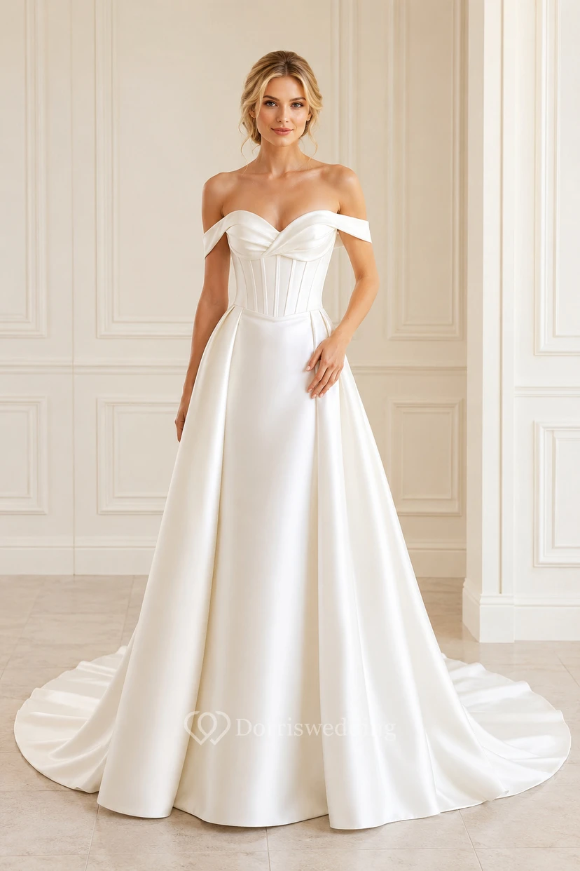 Vestido de novia de satén con escote Bardot y corte en A, corpiño tipo corsé.