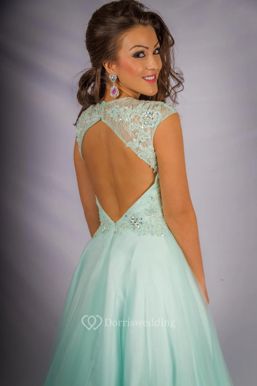 A-Line Empire Scoop-Neck Beaded Long Cap-Sleeve Chiffon Prom Dress view 2