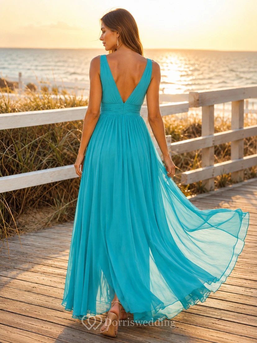 Turquoise V Neck Chiffon Slit Maxi Beach Party Dress view 2