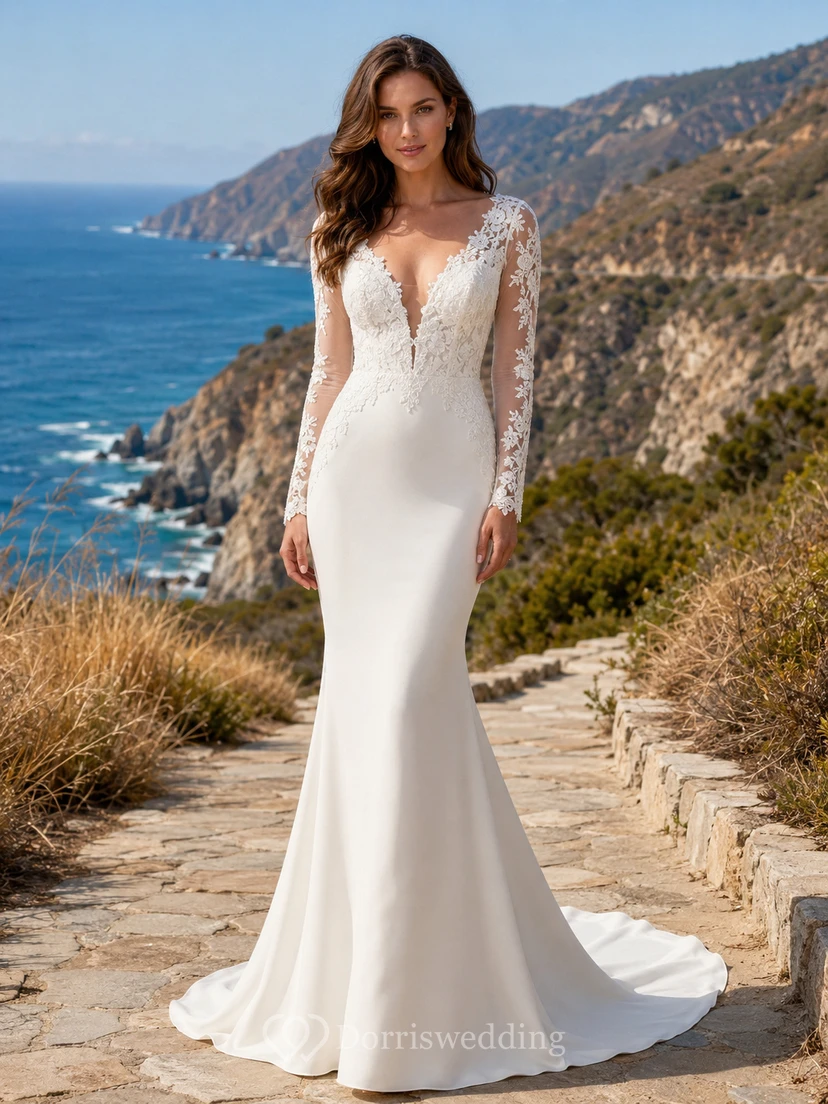 Robe de mariée sirène en crêpe de dentelle à manches longues, style falaise