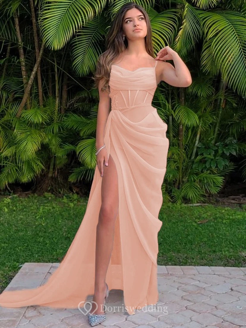 Spaghetti Ruched Sexy Front Split Sheath Side-ruched Prom Dress view 9